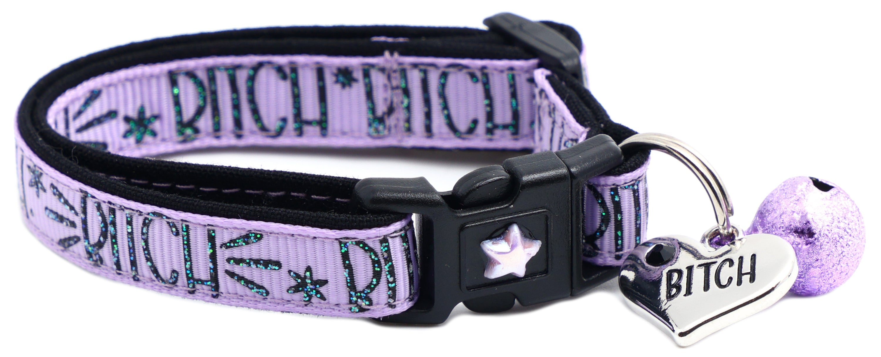 Bitch 2 Breakaway Cat Collar in reinforced cotton with breakaway clips and removable bell, available in various sizes.